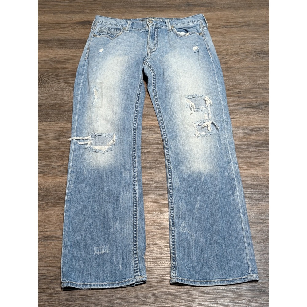 BKE Carter Relaxed Straight Leg Distressed Jeans Mens 34R Light Wash Blue Denim‎